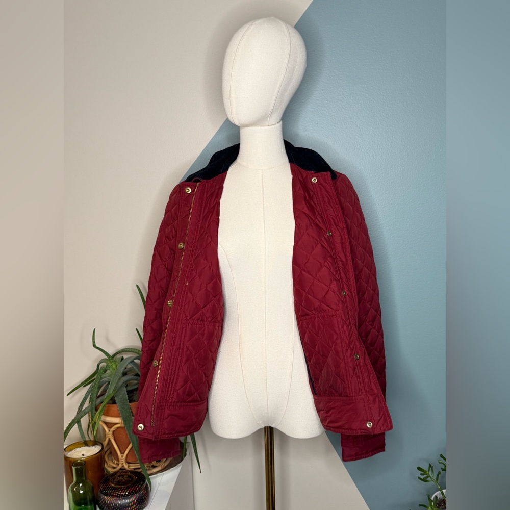 J.Crew Quilted Down Barn Jacket Corduroy Collar Wine Red Field Coat Woman’s S - Picture 3 of 12